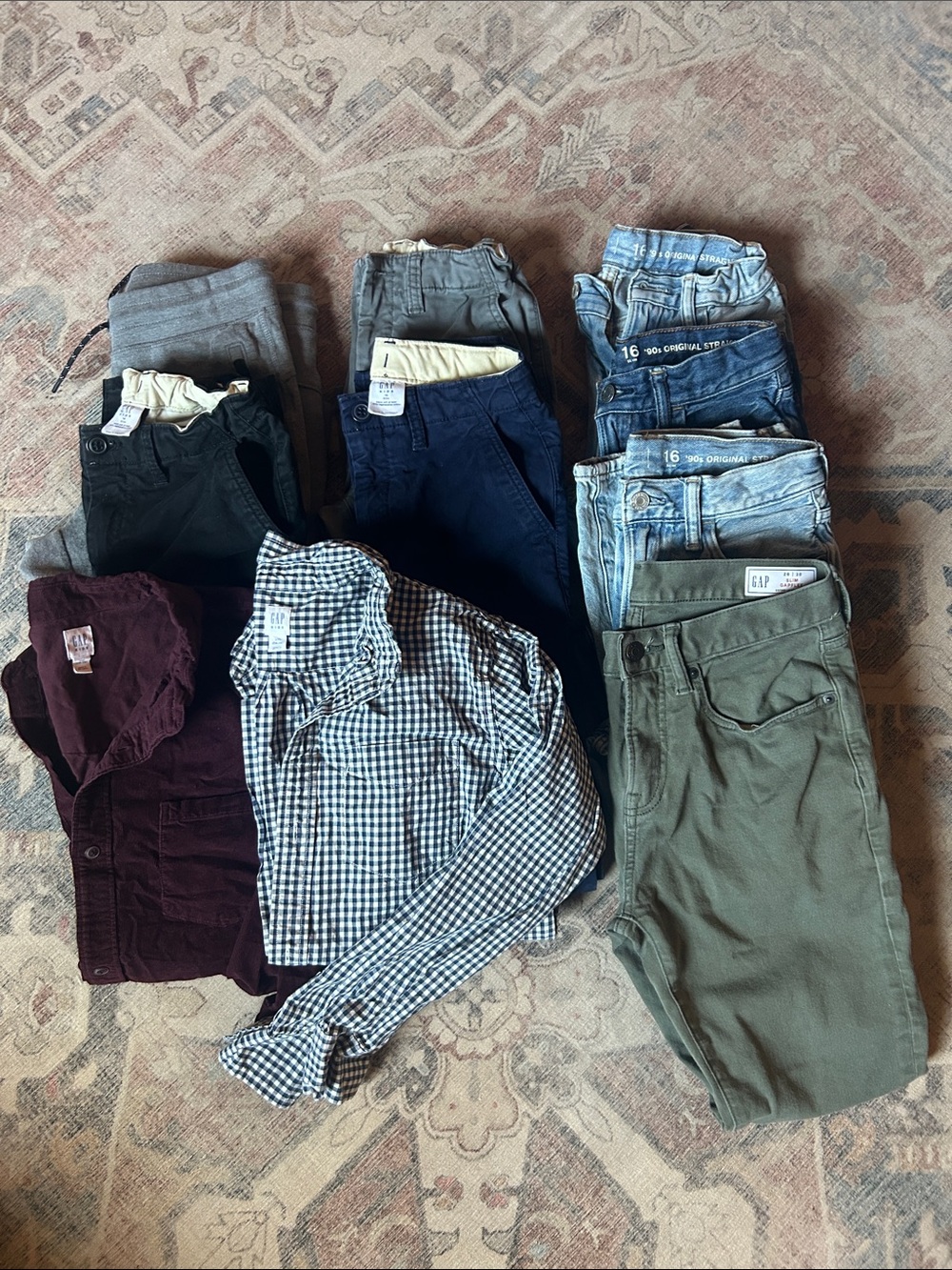 Mixed Kids Clothing Lot - Plaid Shirt + Jeans & Pants - Blue, Green, Burgundy